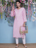 Pink Cotton Chikankari Kurti For Women