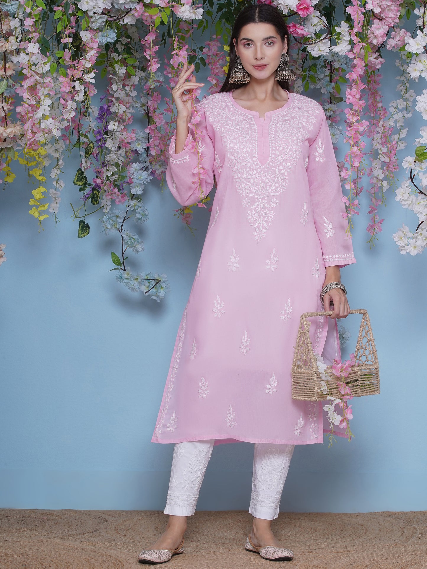 Pink Cotton Chikankari Kurti For Women