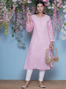 Pink Cotton Chikankari Kurti For Women