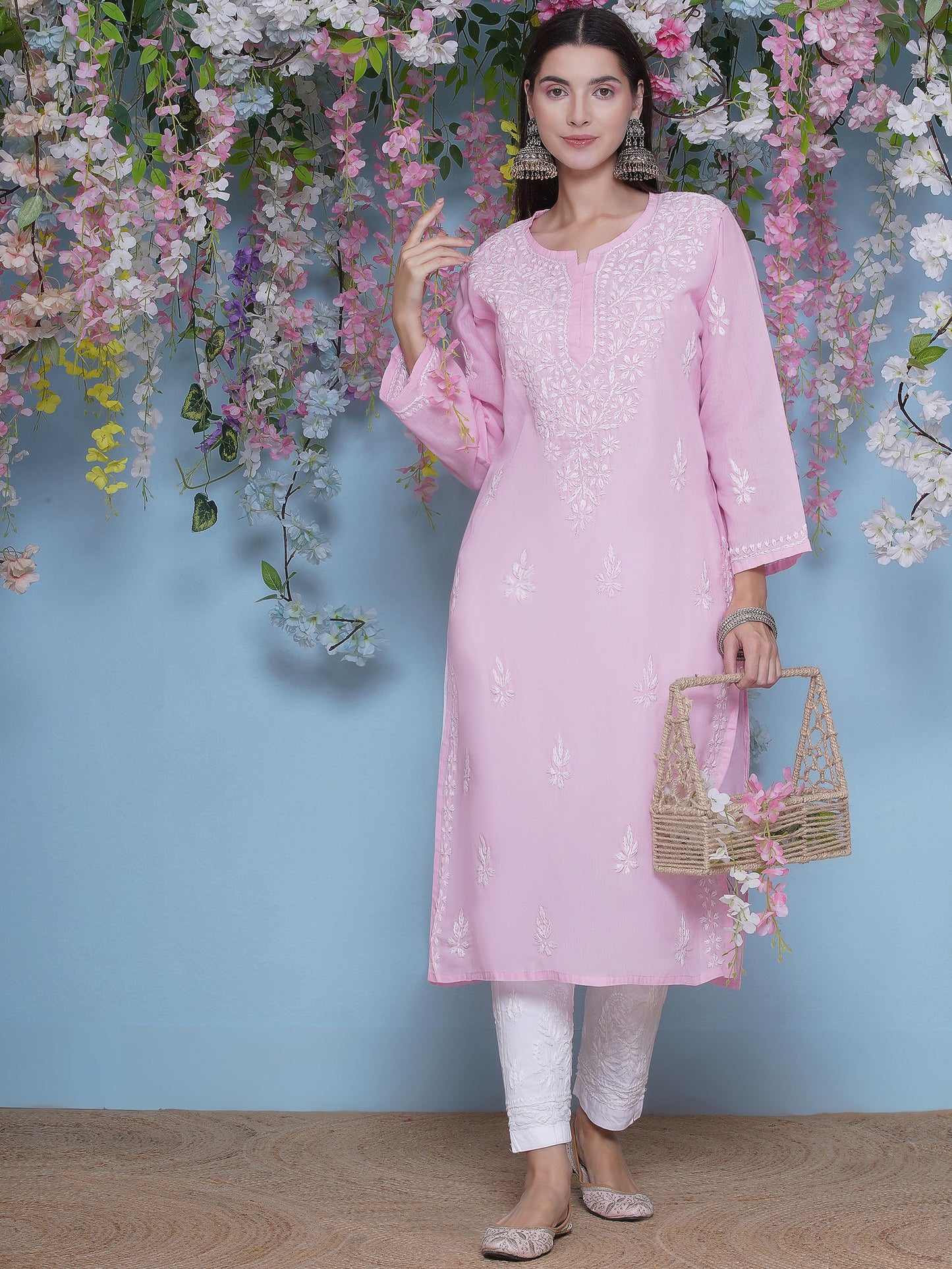 Pink Cotton Chikankari Kurti For Women