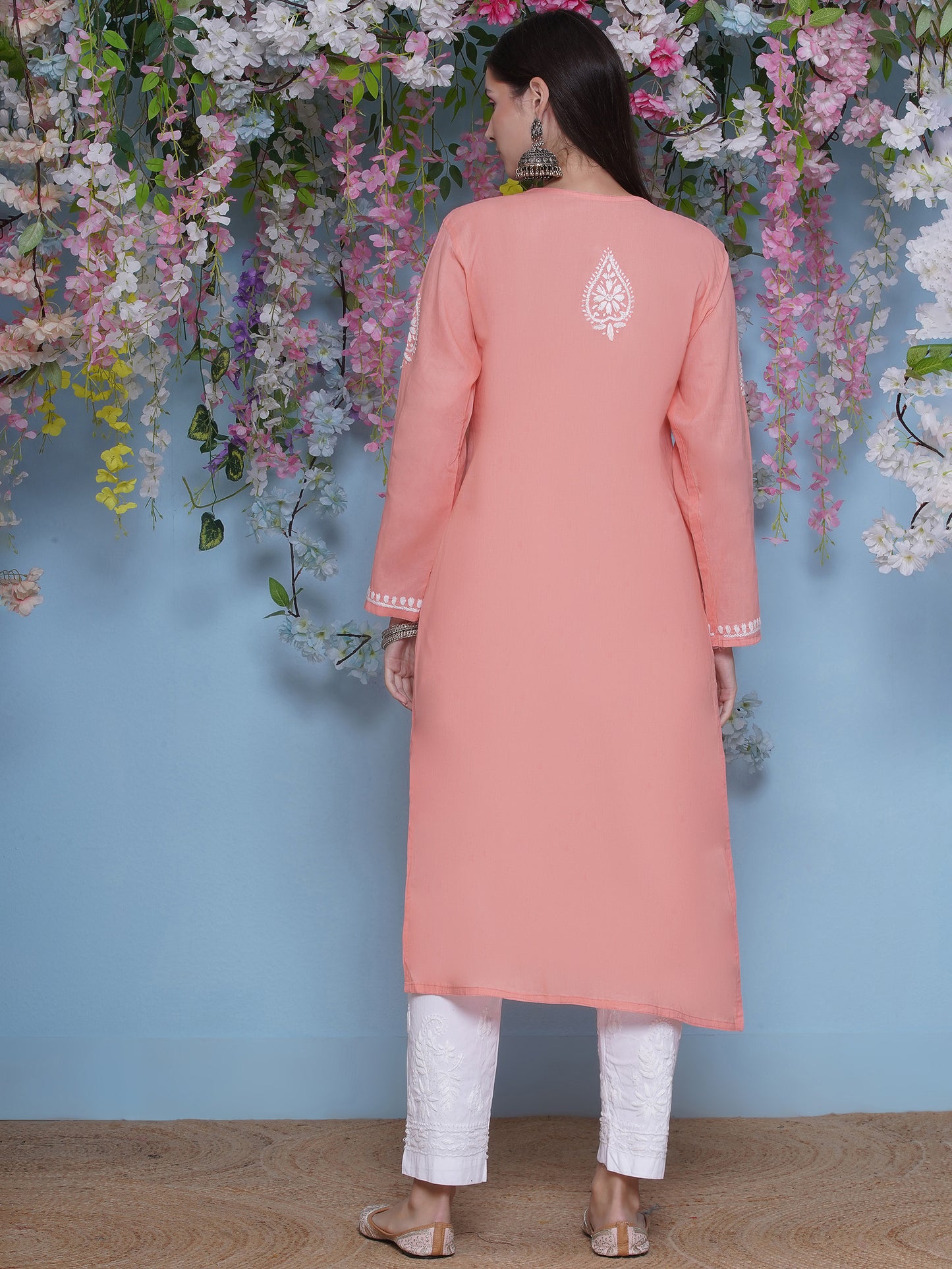 Peach Cotton Chikankari Kurti For Women