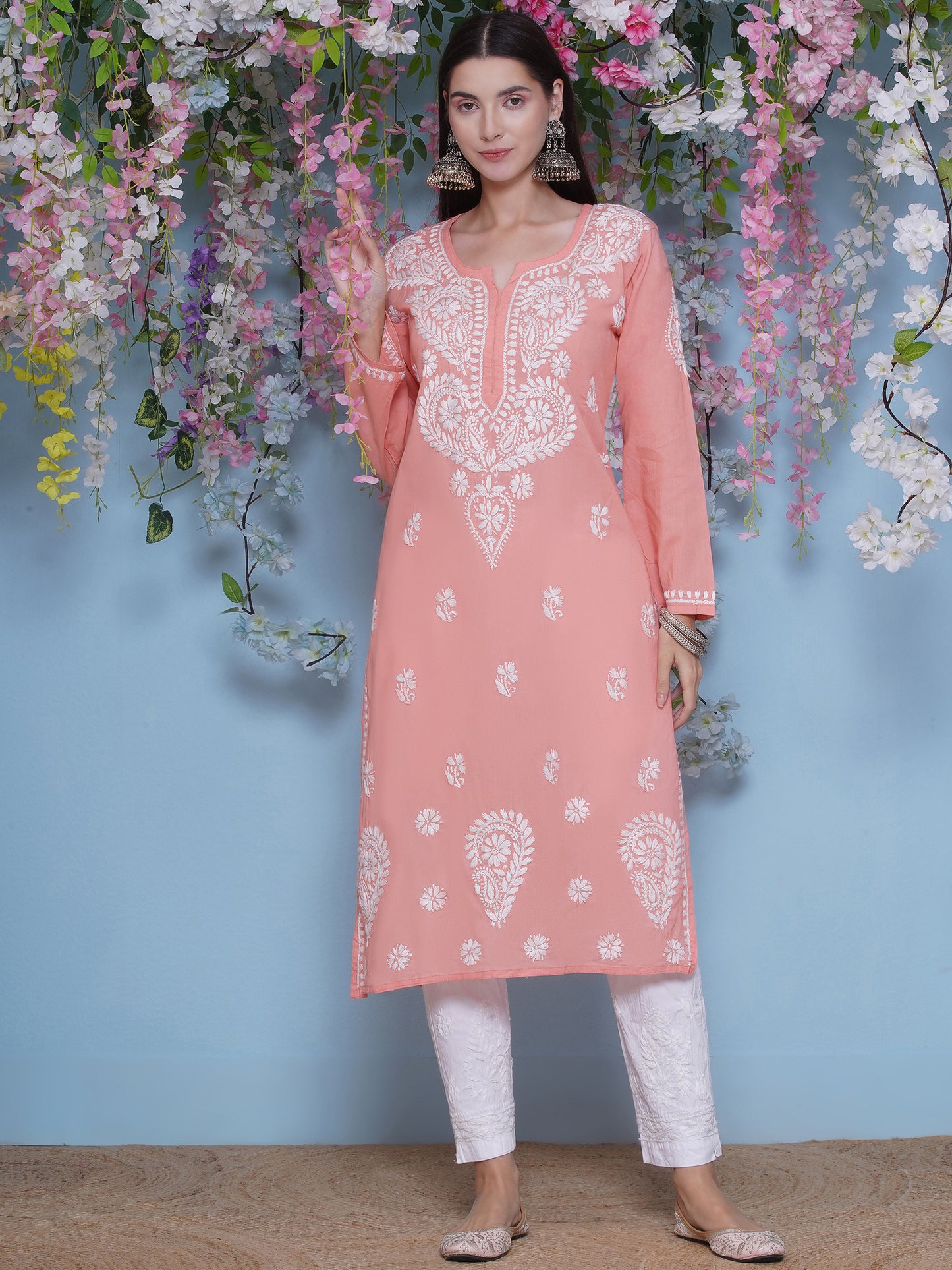 Peach Cotton Chikankari Kurti For Women