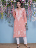 Peach Cotton Chikankari Kurti For Women