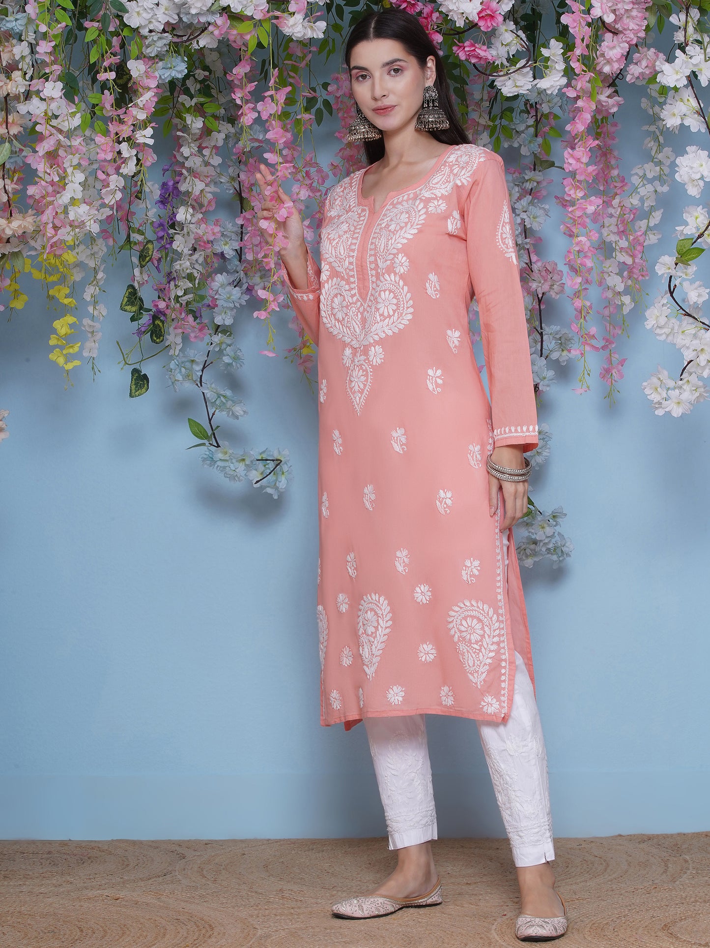 Peach Cotton Chikankari Kurti For Women