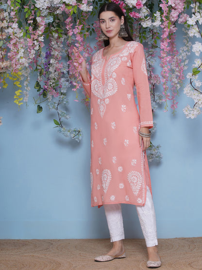 Peach Cotton Chikankari Kurti For Women