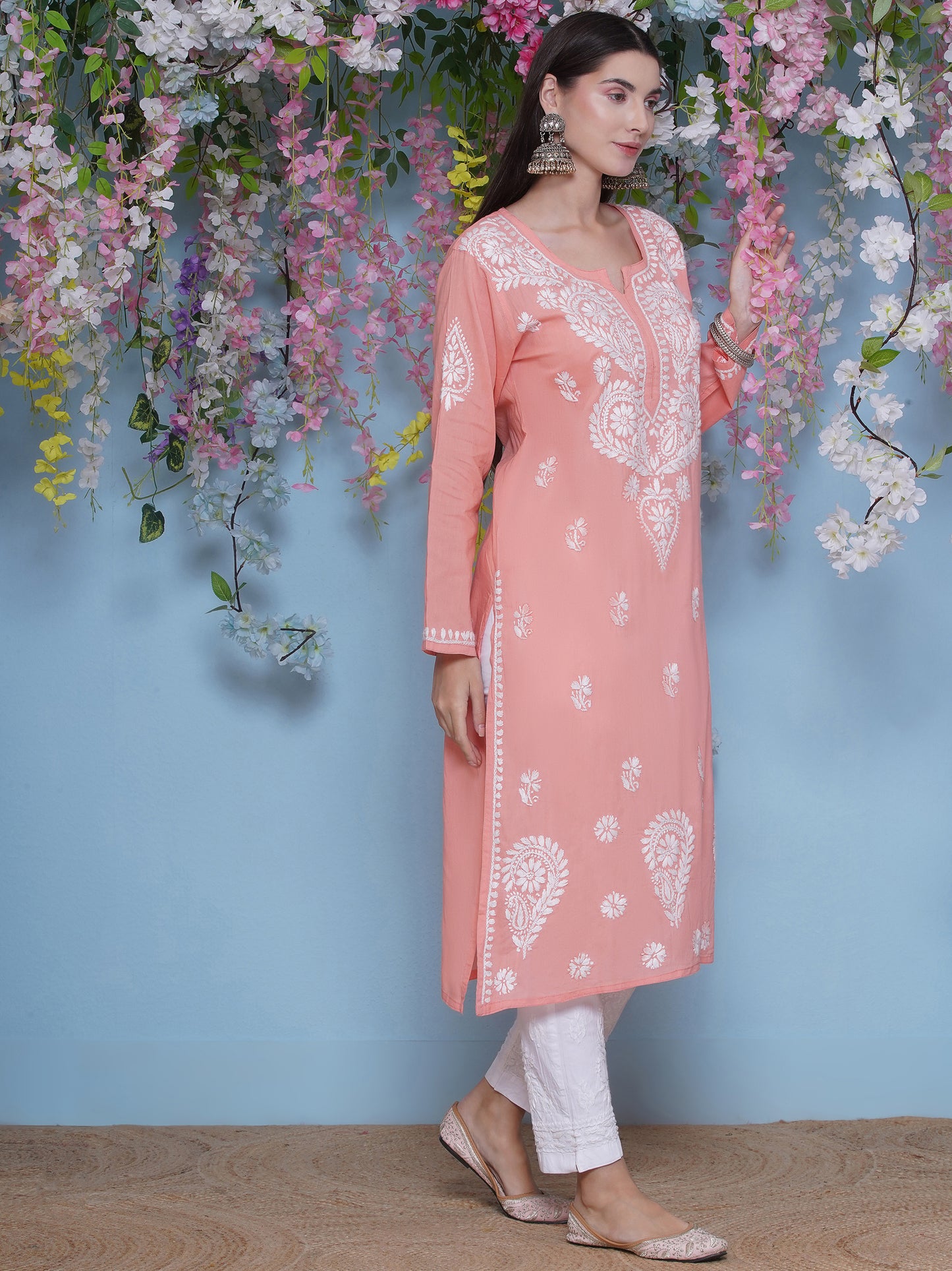 Peach Cotton Chikankari Kurti For Women