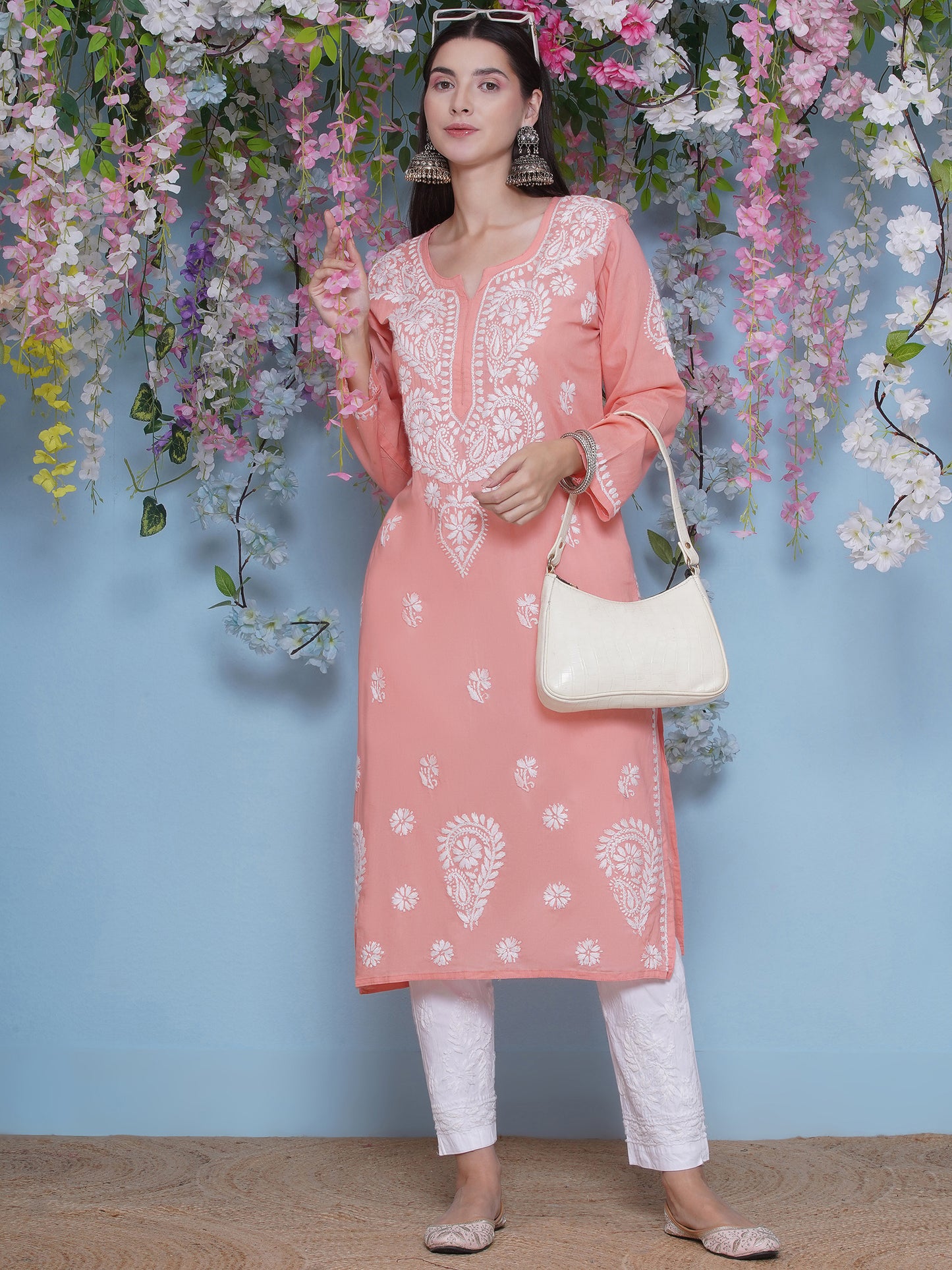 Peach Cotton Chikankari Kurti For Women