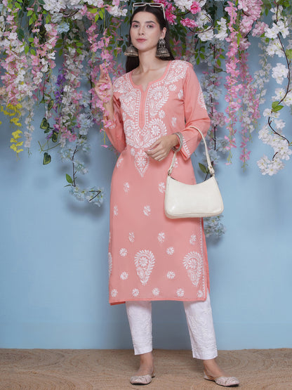 Peach Cotton Chikankari Kurti For Women