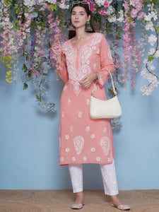 Peach Cotton Chikankari Kurti For Women