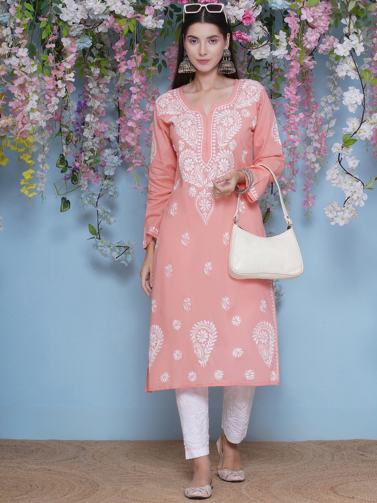 Peach Cotton Chikankari Kurti For Women