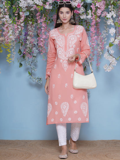 Peach Cotton Chikankari Kurti For Women