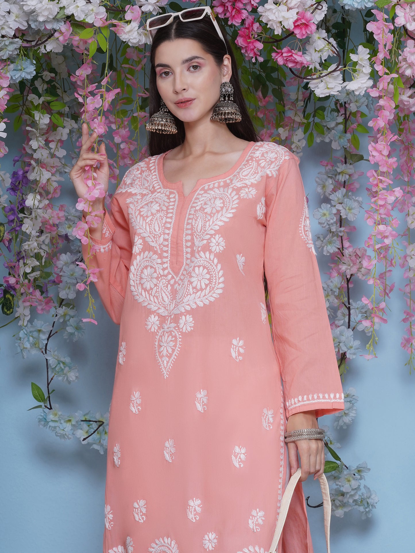 Peach Cotton Chikankari Kurti For Women