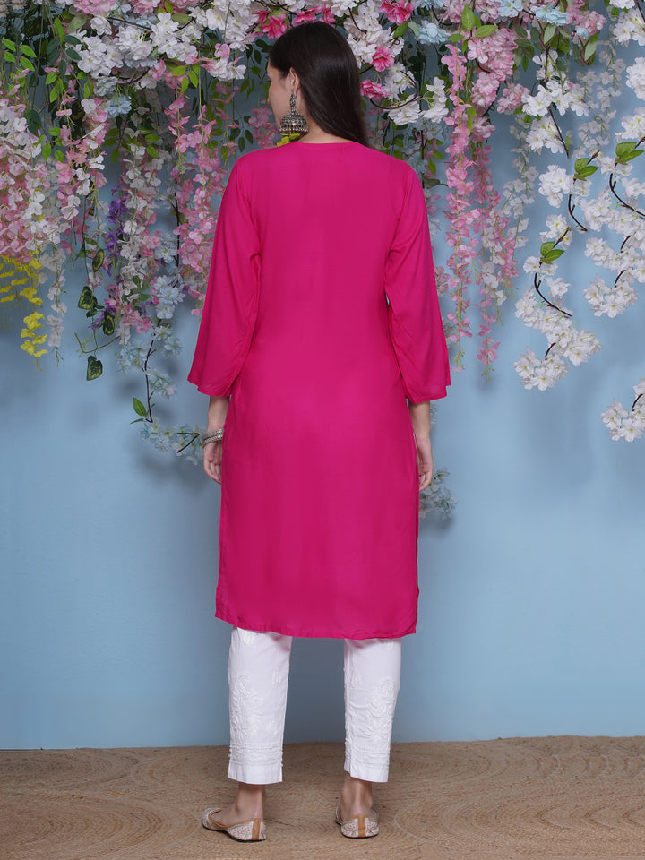 Dark Pink Cotton Chikankari Kurti For Women