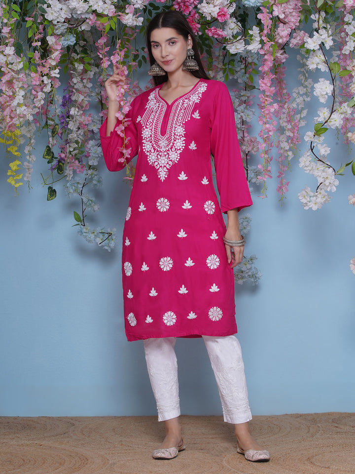 Dark Pink Cotton Chikankari Kurti For Women