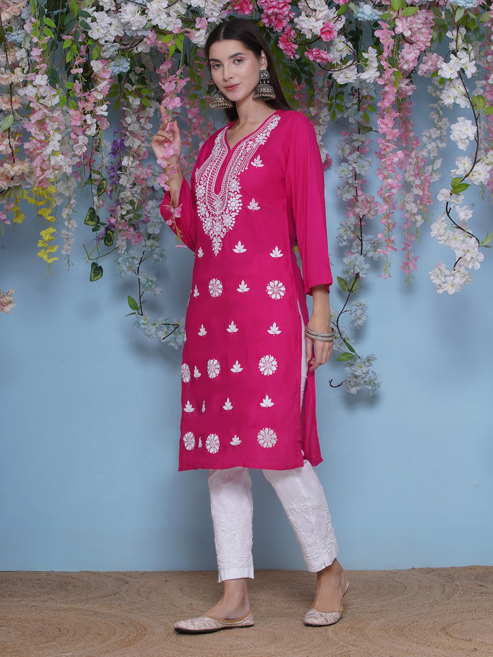 Dark Pink Cotton Chikankari Kurti For Women