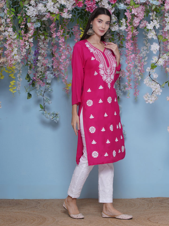 Dark Pink Cotton Chikankari Kurti For Women
