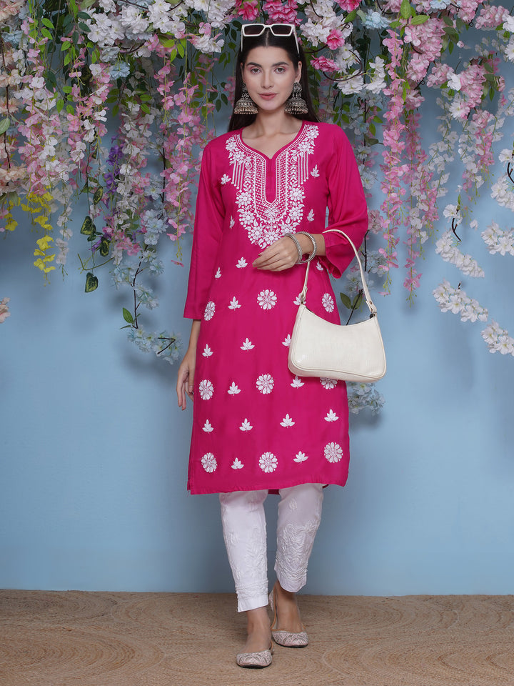 Dark Pink Cotton Chikankari Kurti For Women
