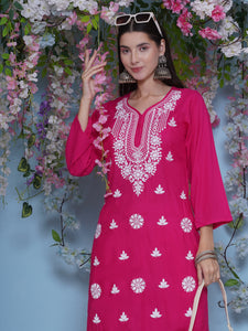Dark Pink Cotton Chikankari Kurti For Women
