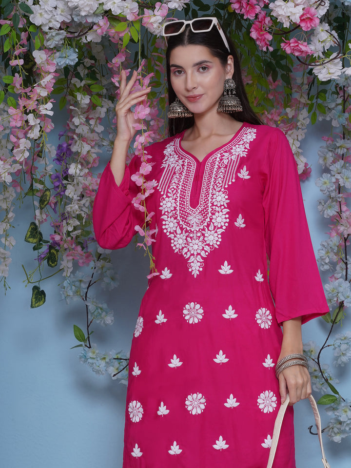Dark Pink Cotton Chikankari Kurti For Women