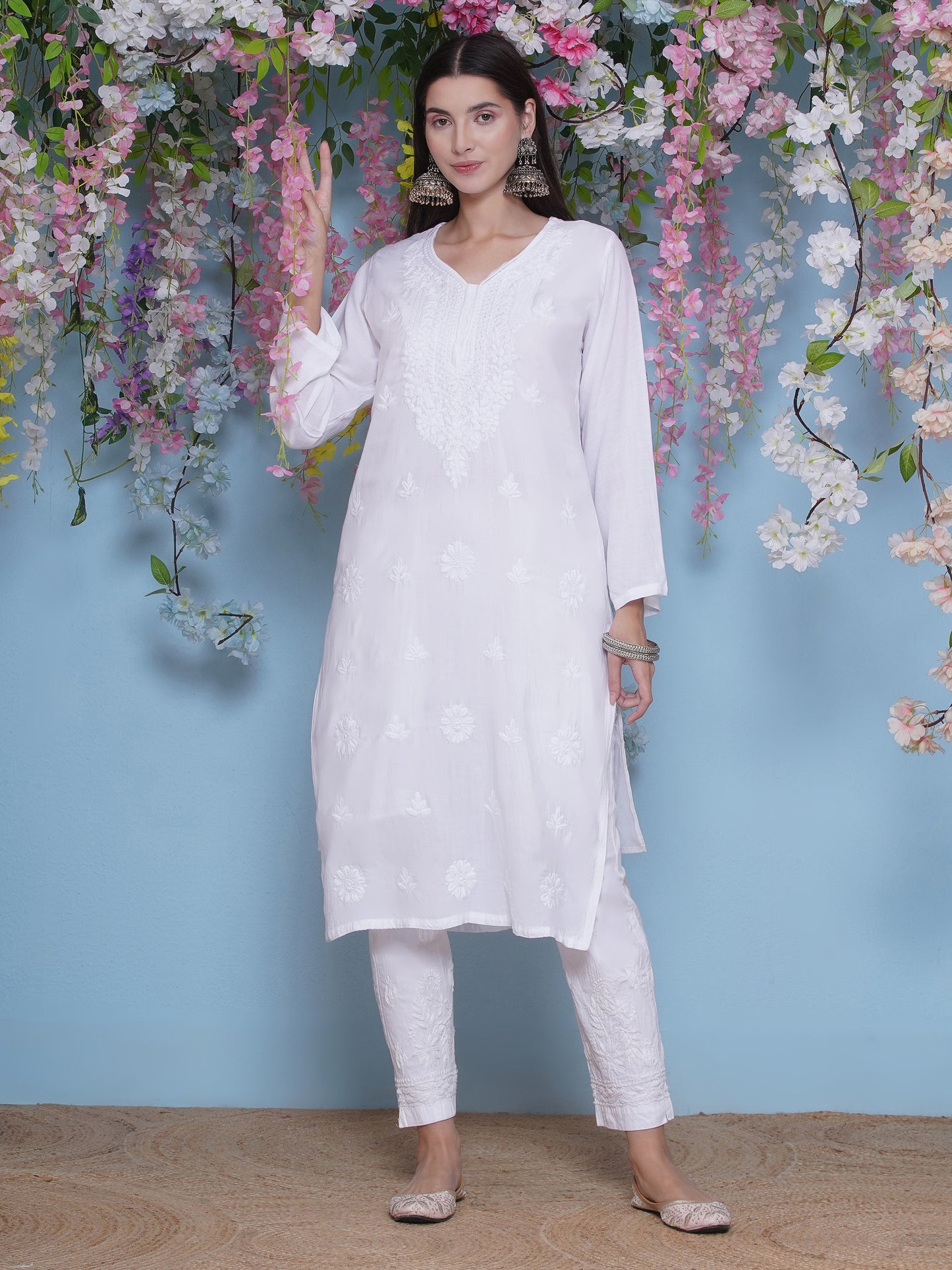 Combo of White Cotton Chikankari Kurti For Women and Chikankari Pant | 70% OFF Today