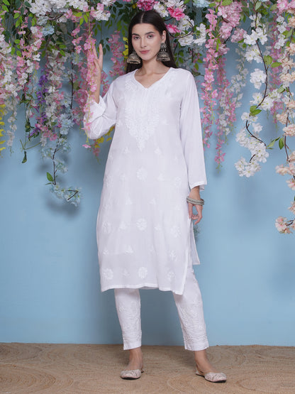Combo of White Cotton Chikankari Kurti For Women and Chikankari Pant | 70% OFF Today