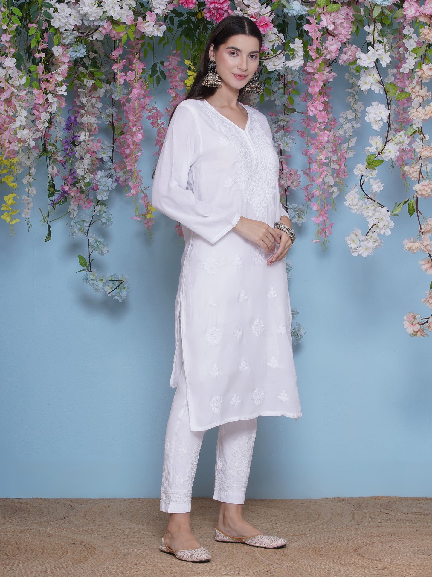 Combo of White Cotton Chikankari Kurti For Women and Chikankari Pant | 70% OFF Today
