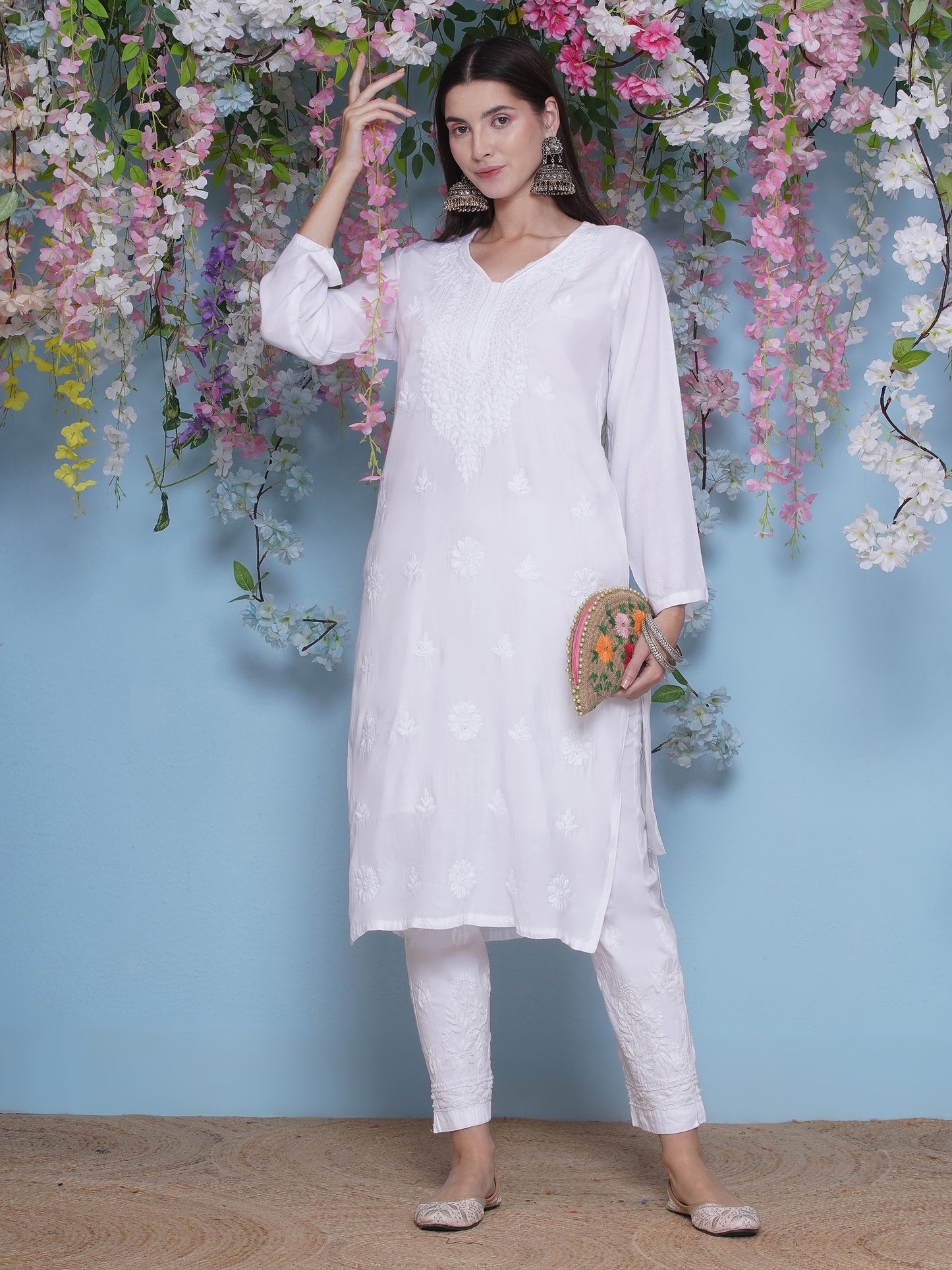 Combo of White Cotton Chikankari Kurti For Women and Chikankari Pant | 70% OFF Today