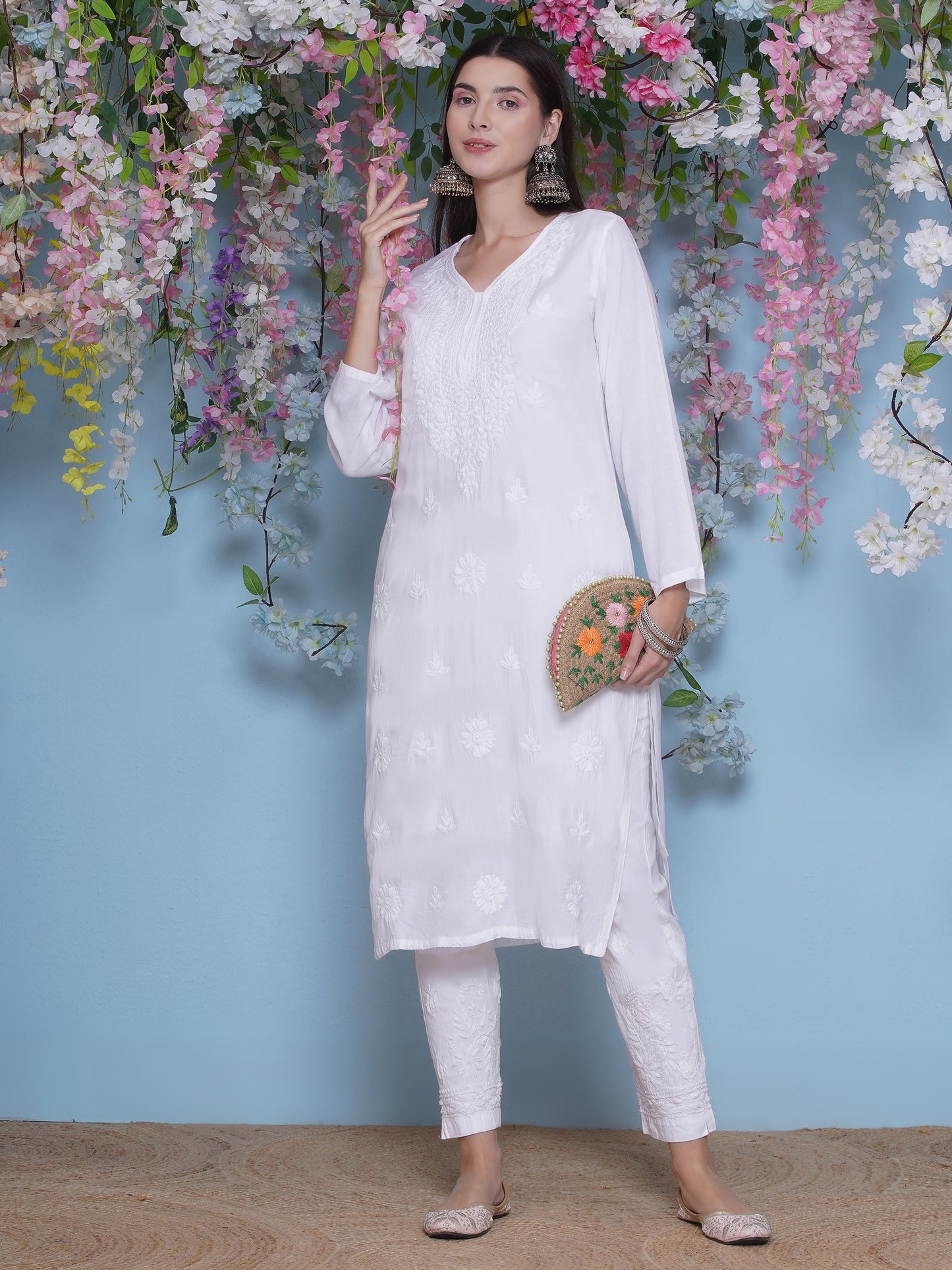 Combo of White Cotton Chikankari Kurti For Women and Chikankari Pant | 70% OFF Today