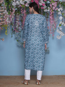 Bluish Green Cotton Chikankari Kurti For Women