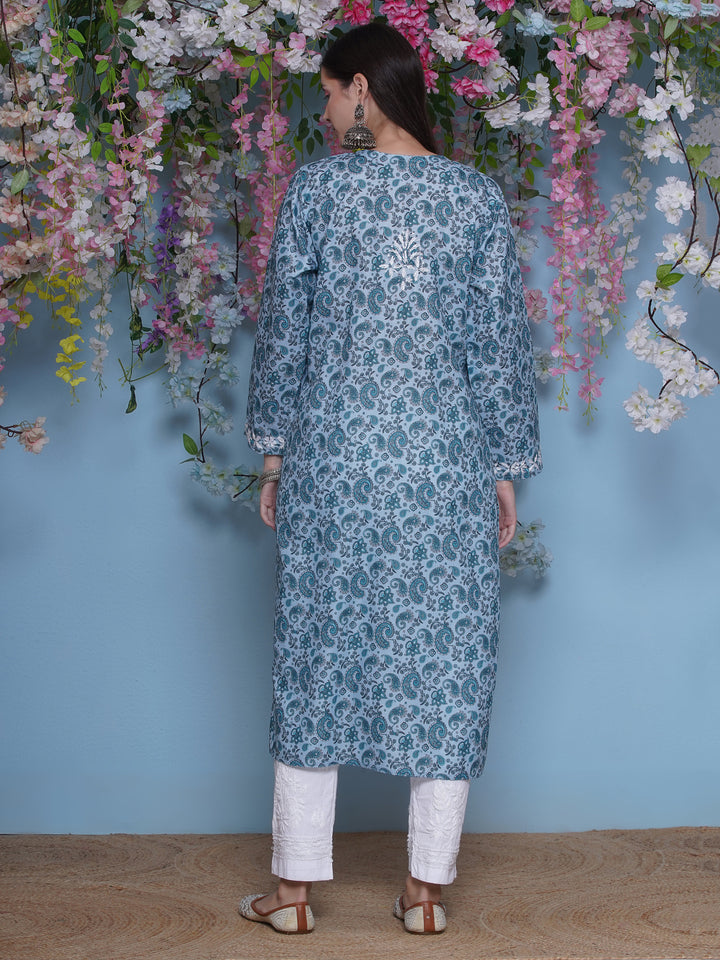 Bluish Green Cotton Chikankari Kurti For Women
