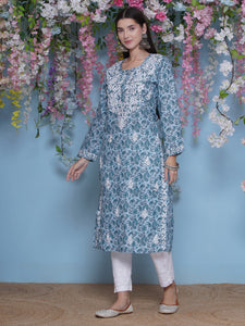 Bluish Green Cotton Chikankari Kurti For Women