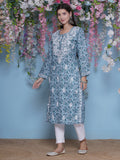 Bluish Green Cotton Chikankari Kurti For Women