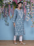Bluish Green Cotton Chikankari Kurti For Women