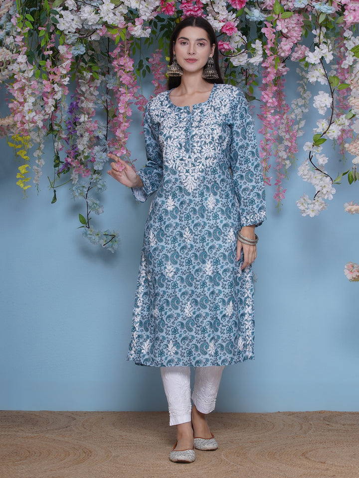 Bluish Green Cotton Chikankari Kurti For Women