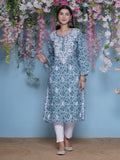 Bluish Green Cotton Chikankari Kurti For Women