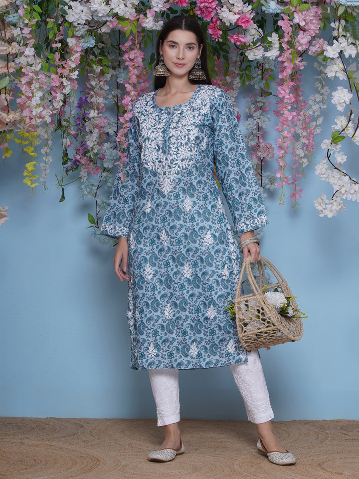 Bluish Green Cotton Chikankari Kurti For Women