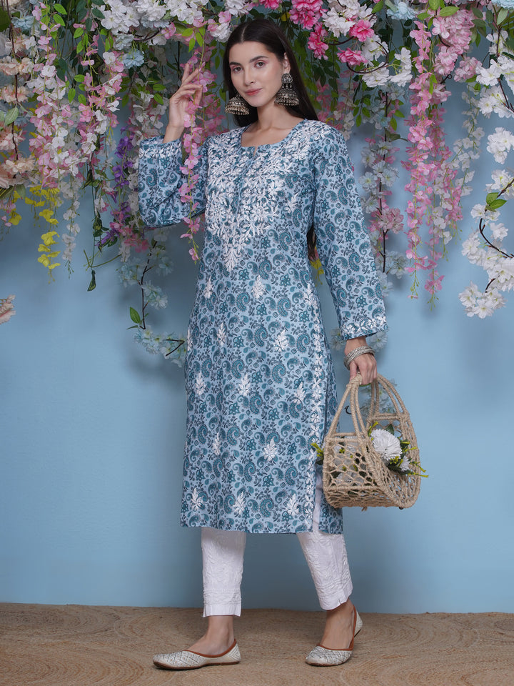 Bluish Green Cotton Chikankari Kurti For Women
