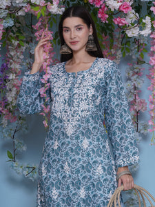 Bluish Green Cotton Chikankari Kurti For Women