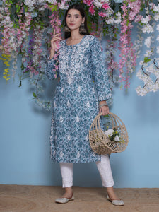 Bluish Green Cotton Chikankari Kurti For Women