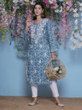 Bluish Green Cotton Chikankari Kurti For Women