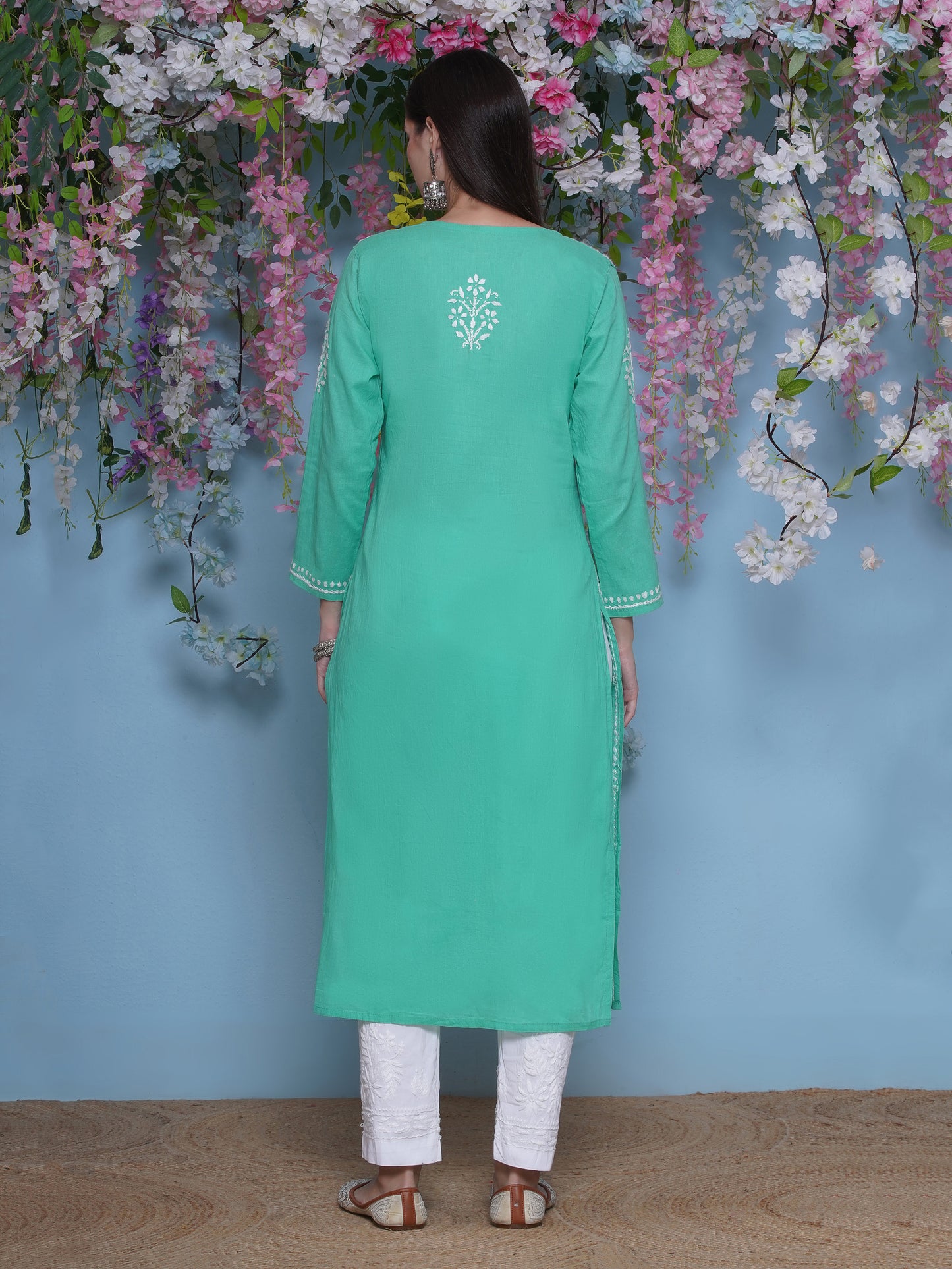 Green Cotton Chikankari Kurti For Women