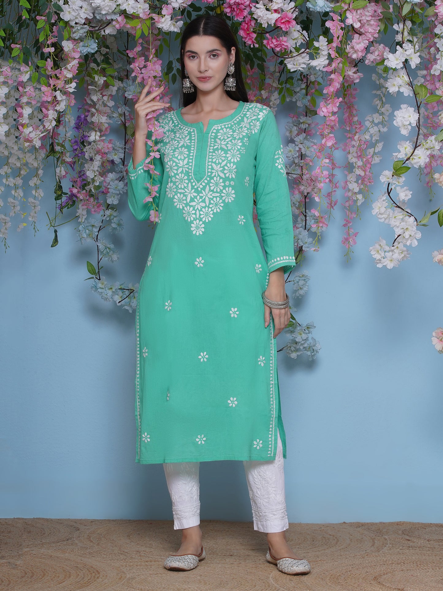 Green Cotton Chikankari Kurti For Women