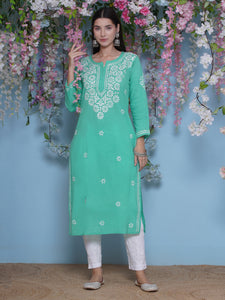 Green Cotton Chikankari Kurti For Women