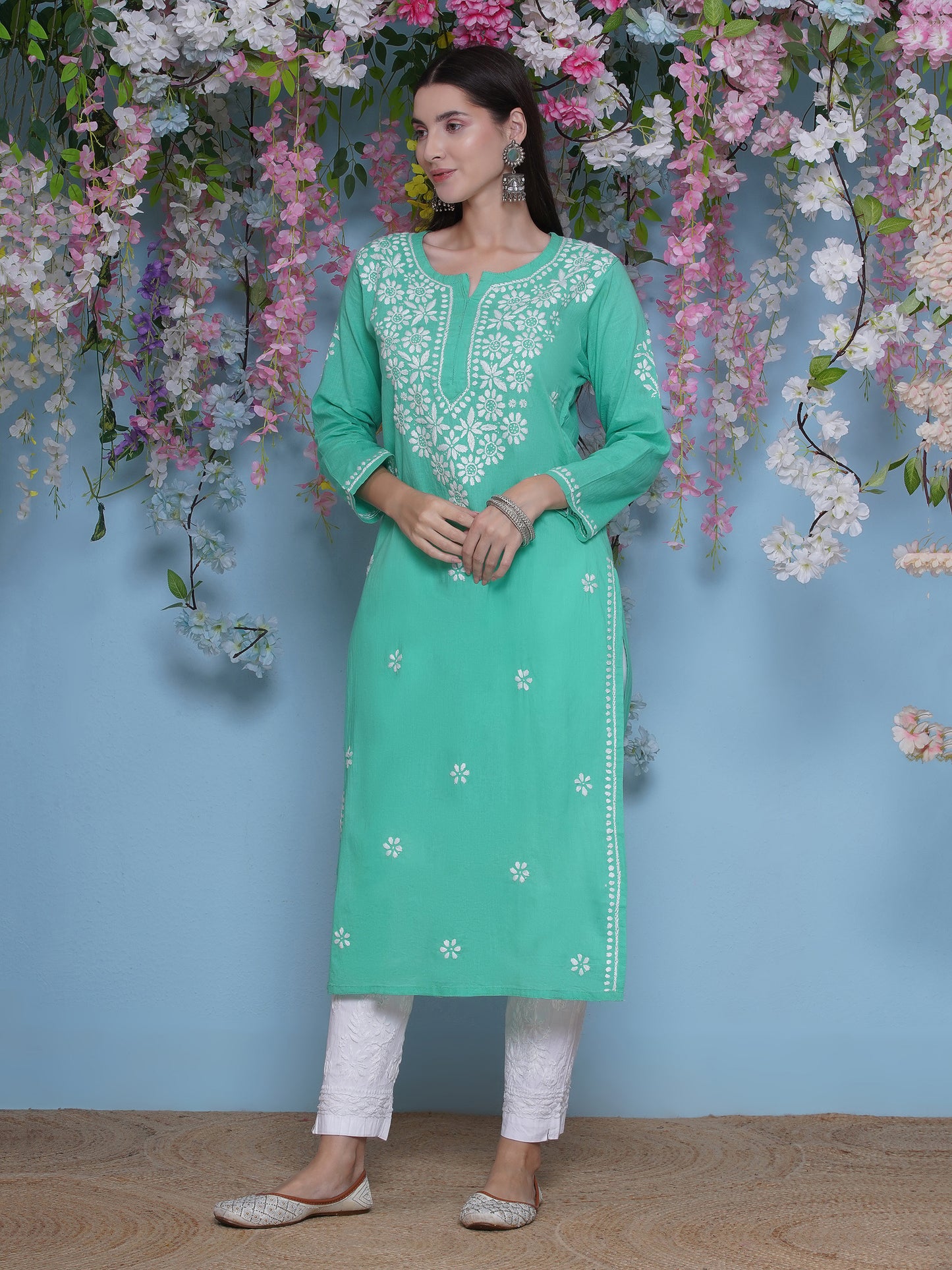 Green Cotton Chikankari Kurti For Women