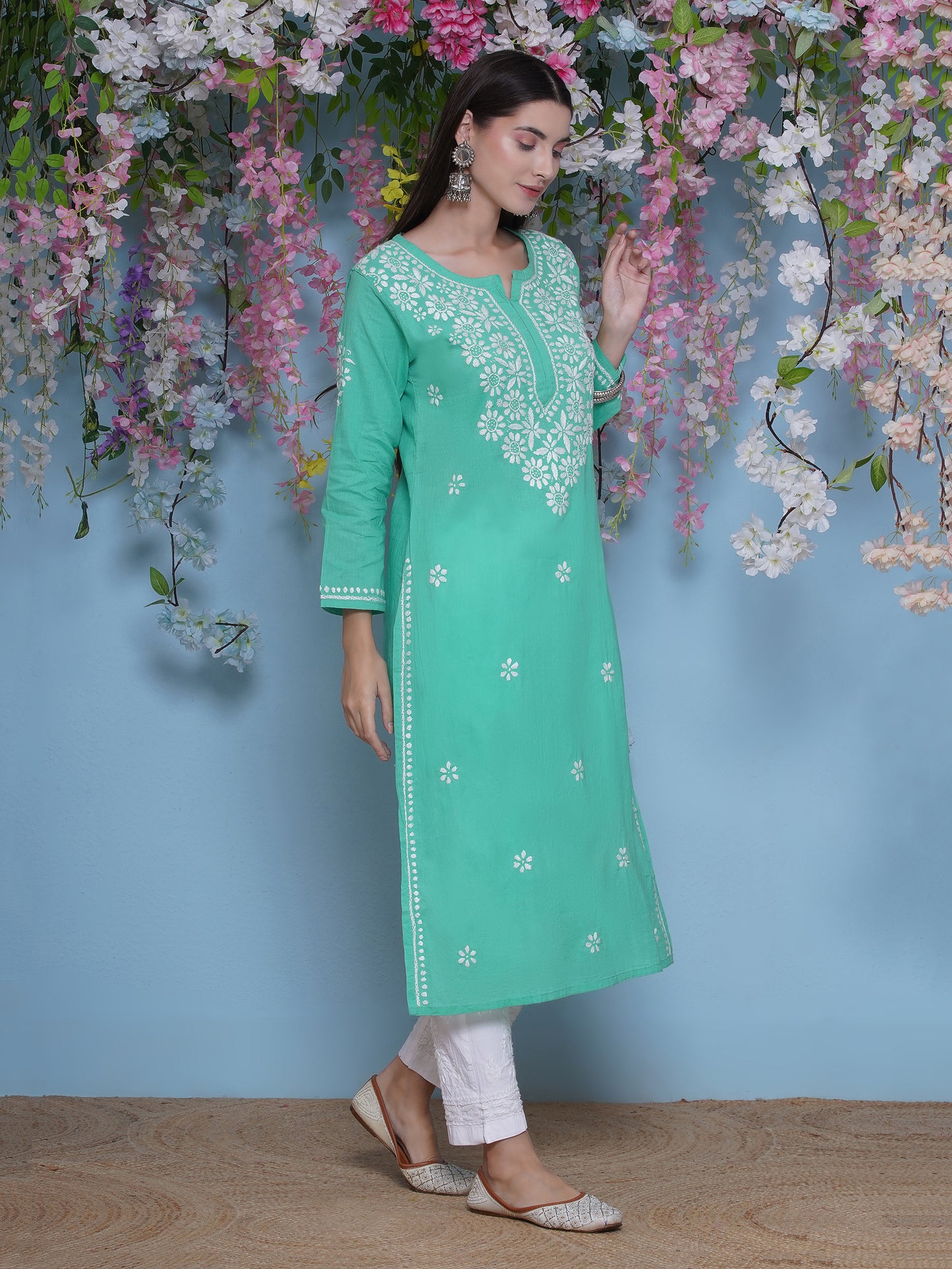Green Cotton Chikankari Kurti For Women