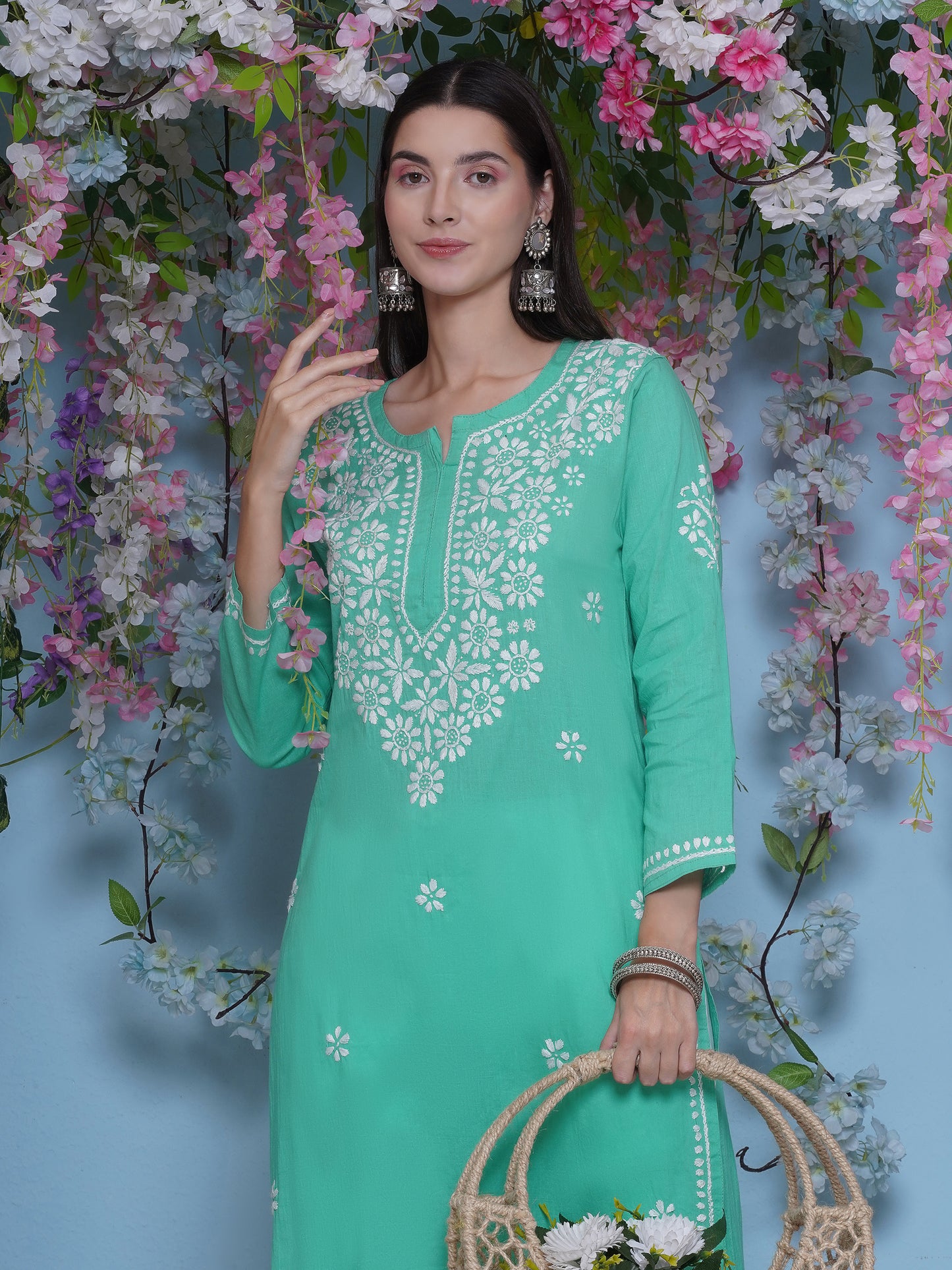 Green Cotton Chikankari Kurti For Women