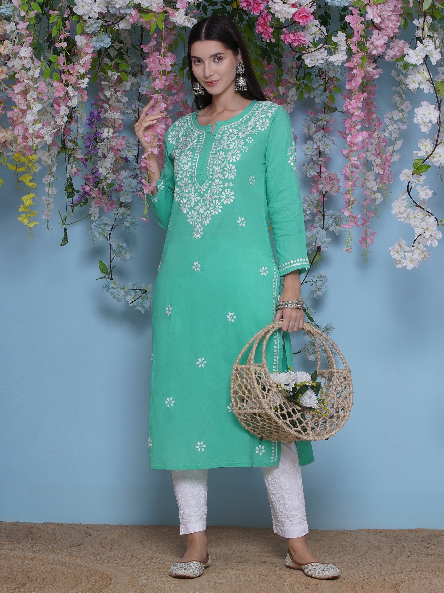 Green Cotton Chikankari Kurti For Women