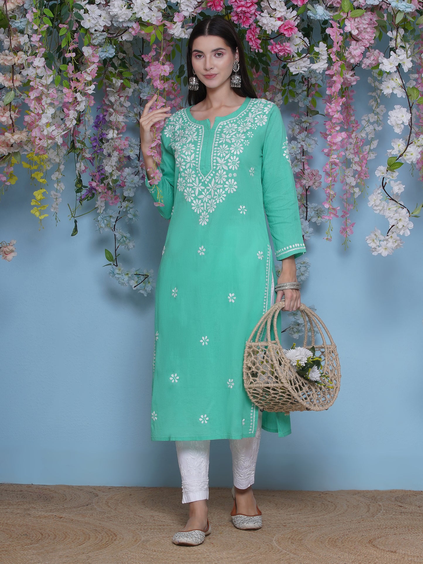 Green Cotton Chikankari Kurti For Women