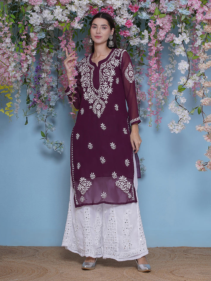 Combo Wine Cotton Chikankari Kurti For Women and Chikankari Mirror Sharara By Saahiba | 70% OFF Today