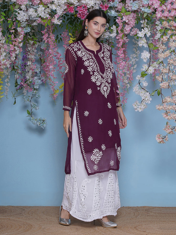 Combo Wine Cotton Chikankari Kurti For Women and Chikankari Mirror Sharara By Saahiba | 70% OFF Today